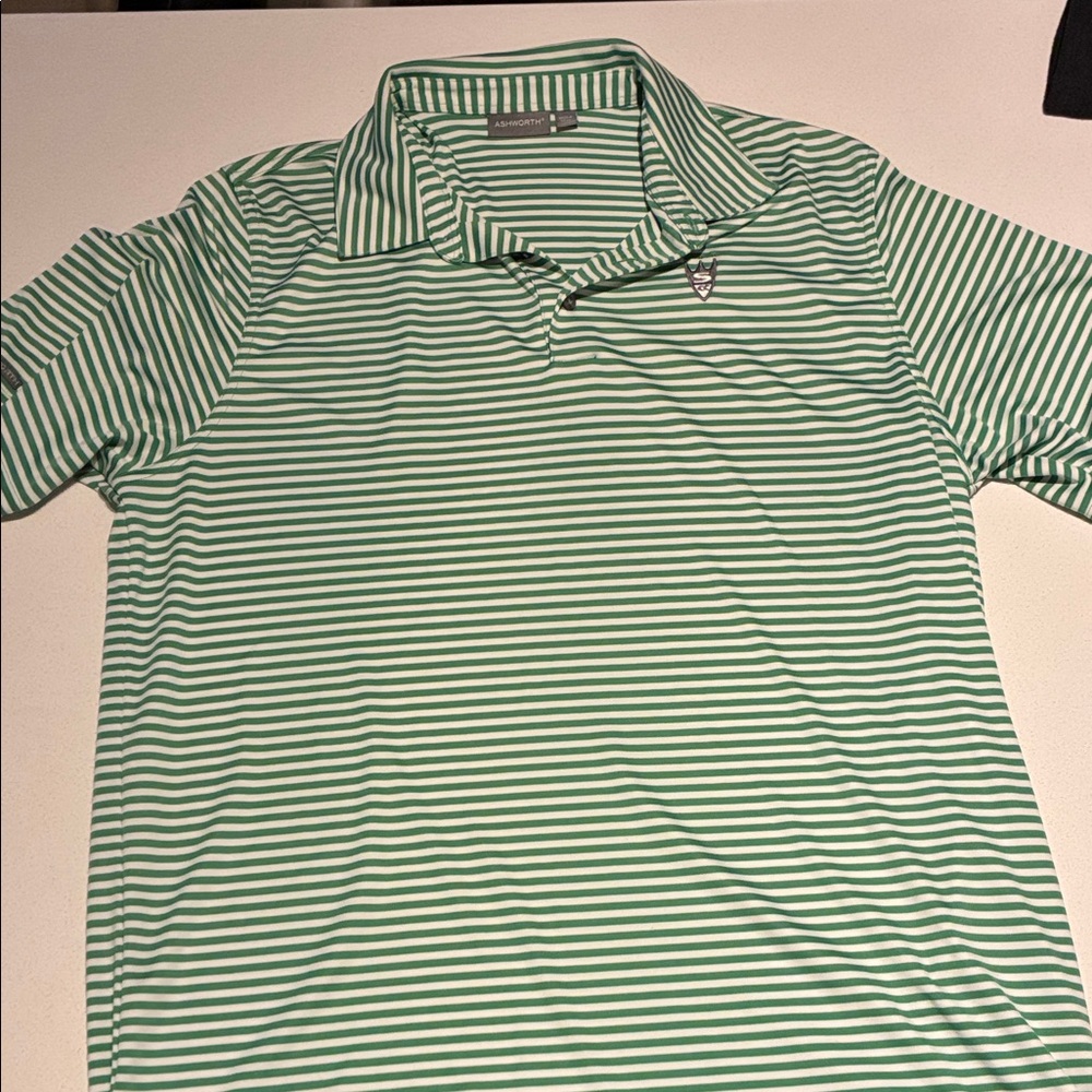 Ashworth Green and White Striped Golf Shirt